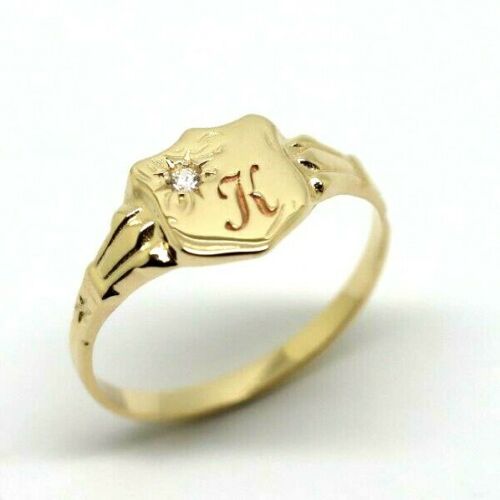 Genuine 9ct Small Yellow, Rose or White Gold Cubic Zirconia Shield Signet Ring Engraving of one initial