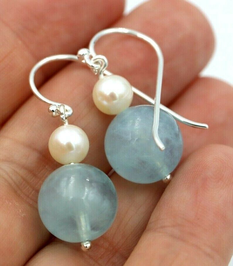 Sterling Silver Freshwater Cultured Pearl & Natural Aquamarine Hook Earrings