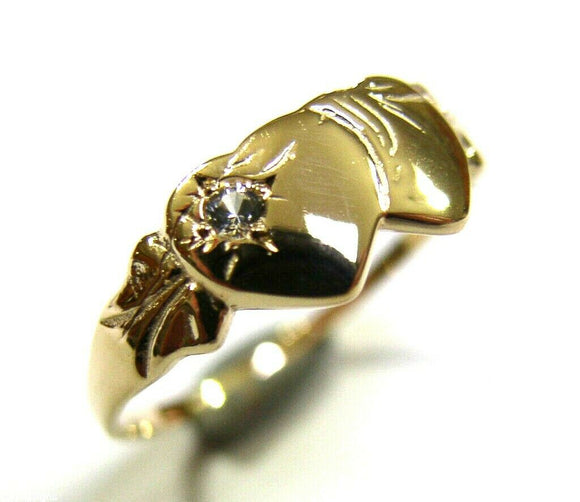 Genuine Size J 9ct Yellow Gold Double Heart Cubic Zirconia Signet Ring