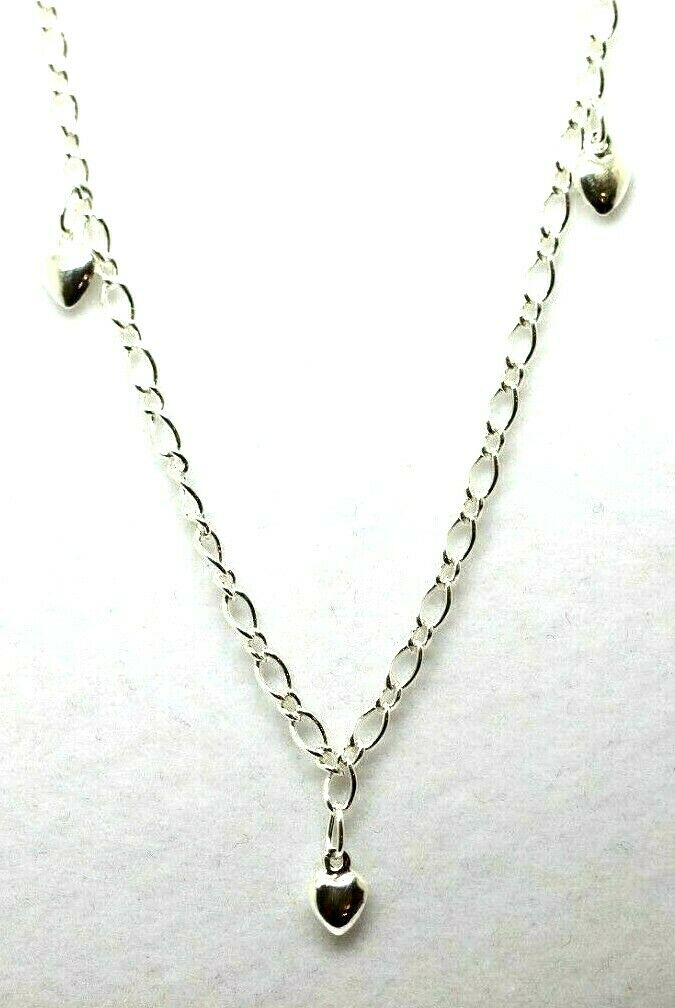 Genuine Sterling Silver 25cm Figaro Anklet + 3 Charm Hearts