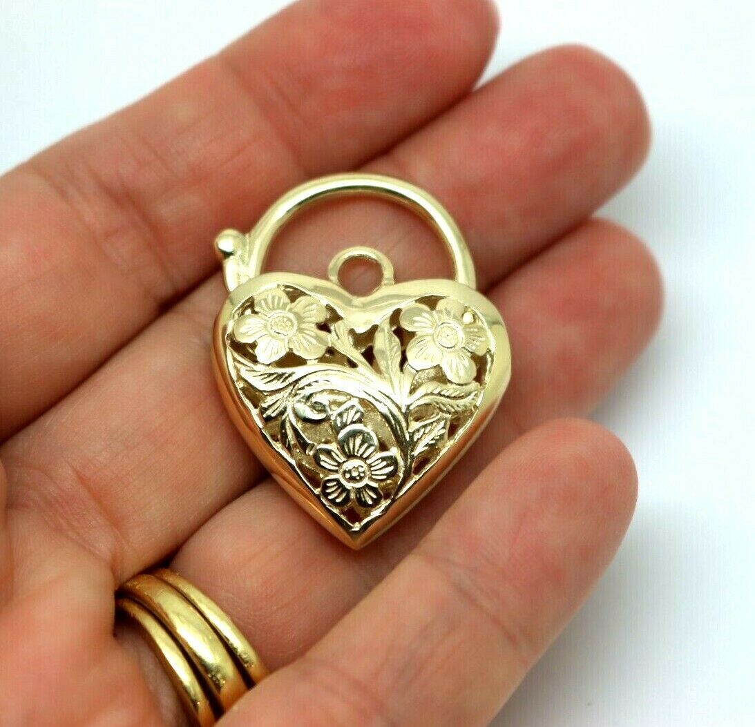 Genuine 9ct Yellow Gold or White Gold or Rose Gold Heavy Large Heart Locket Padlock