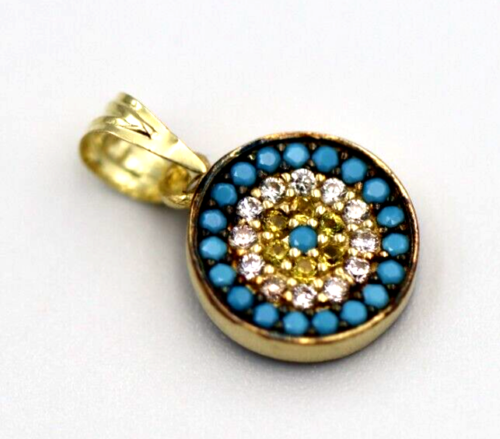 Genuine 14ct Yellow Gold CZ Small Round Greek Mati Evil Eye Turquoise Pendant Reversible