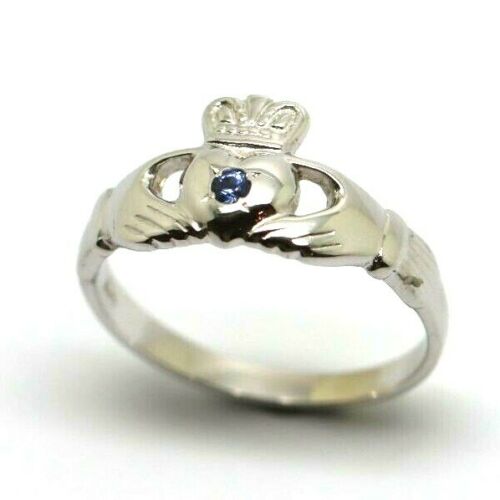 Size P Genuine 9ct White Gold Ceylon Sapphire (Birthstone Of September) Claddagh Ring