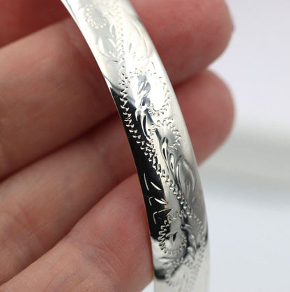 Genuine Solid Sterling Silver 925 10mm Wide Engraved Filigree Bangle Solid Comfort Fit