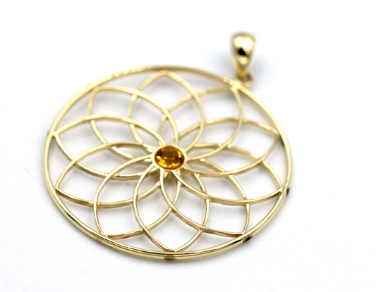 Genuine 9k 9ct Yellow, Rose or White Gold Flower of Life Pendant Set Genuine 4mm Citrine