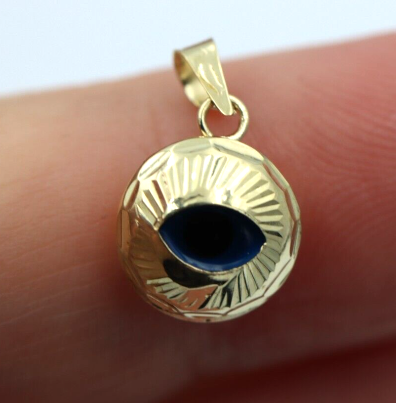 Small 9ct Yellow Gold Greek Mati Nazar Lucky Engraved Evil Eye Charm or Pendant