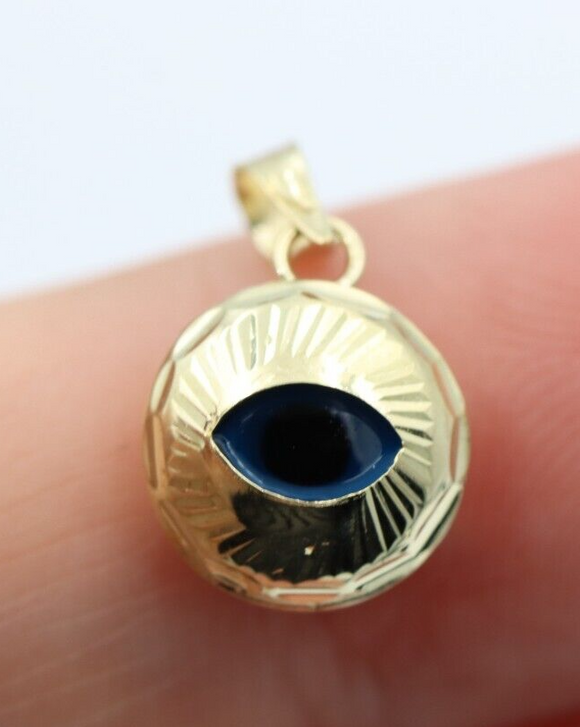 Small 9ct Yellow Gold Greek Mati Nazar Lucky Engraved Evil Eye Charm or Pendant
