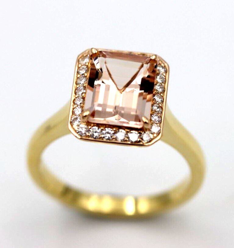 New Genuine 18ct Yellow Gold 2.3ct Emerald Cut Morganite & Diamond Dress Ring - Last one!