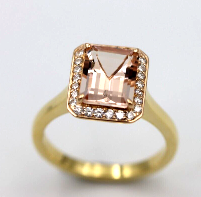 New Genuine 18ct Yellow Gold 2.3ct Emerald Cut Morganite & Diamond Dress Ring - Last one!