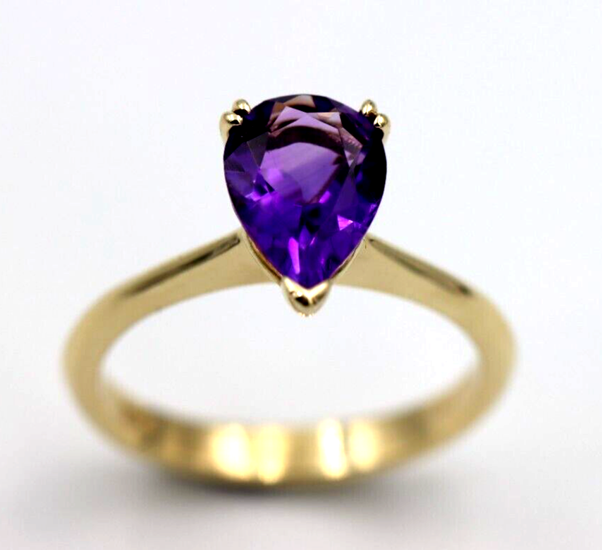 Genuine 9ct Yellow Gold Fancy Teardrop Double Claw Amethyst Ring - Last one!