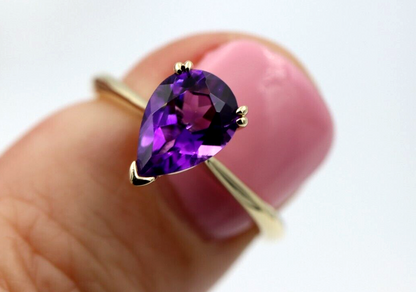 Genuine 9ct Yellow Gold Fancy Teardrop Double Claw Amethyst Ring - Last one!