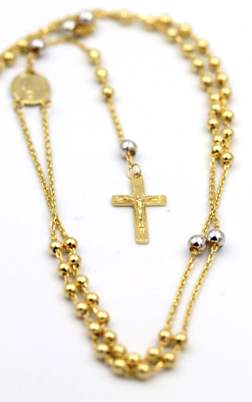 Genuine New 14ct Yellow/White Gold Ball Rosary Bead Chain Necklace Religious