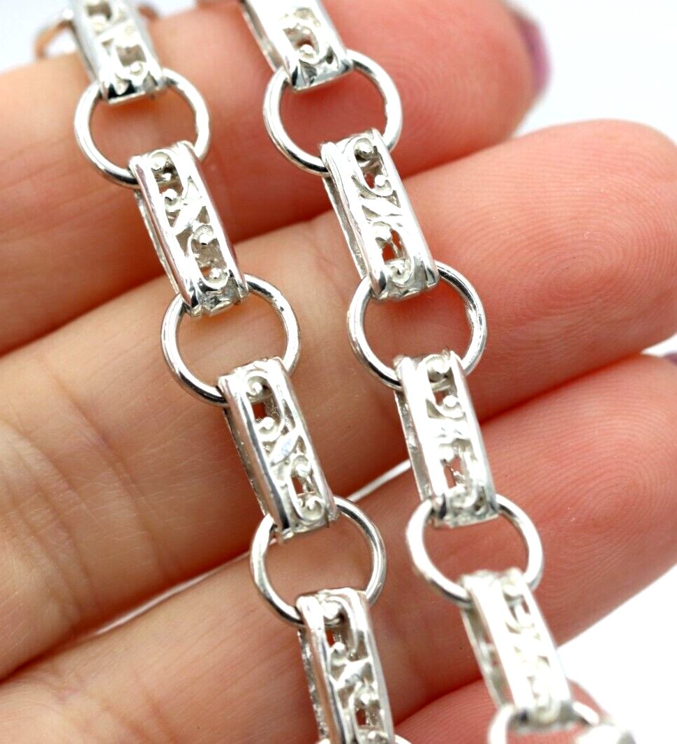 Heavy Genuine Sterling Silver Antique Oval Belcher Link FOB Chain Necklace