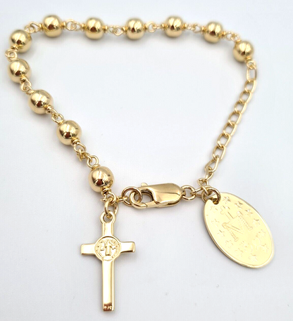 Genuine 9ct Yellow, Rose or White Gold 6mm Ball Rosary Bead Bracelet 21cm Long Mary Miraculous Pendant