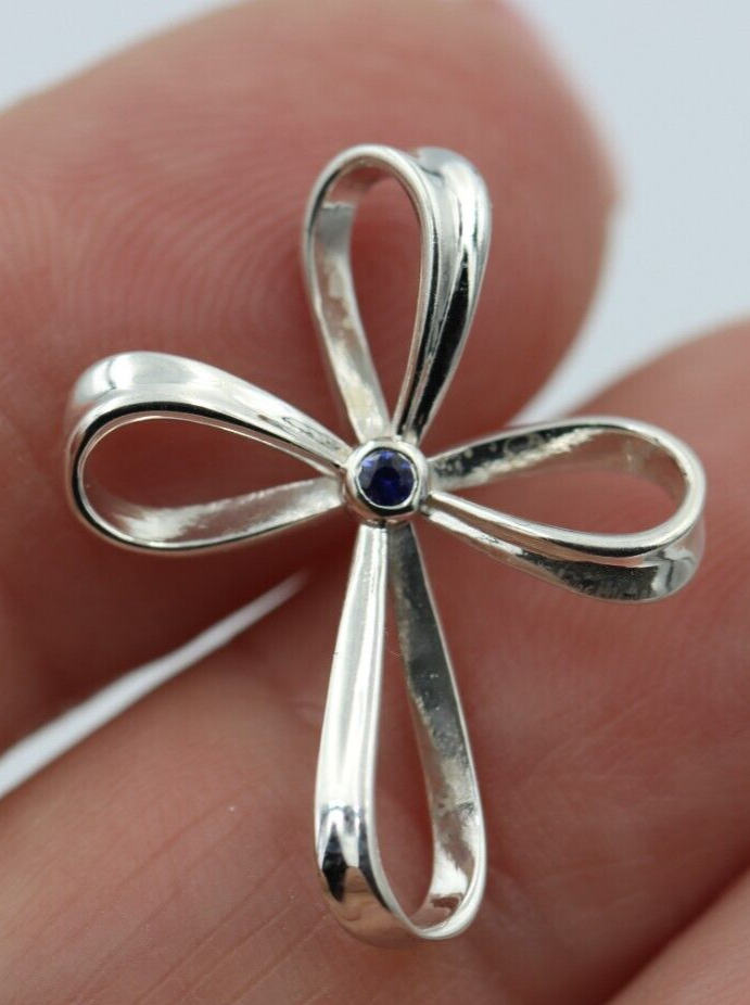 Kaedesigns,New Genuine Sterling Silver Cross Blue Sapphire Set Cross Pendant