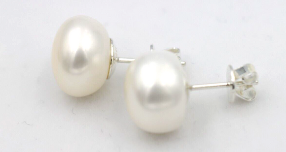 Sterling Silver 12mm Freshwater White Button Pearl Earrings *Free post in oz