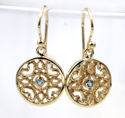 Genuine 9ct Yellow, Rose or White Gold Topaz Disc Heart Filigree Hook Earrings