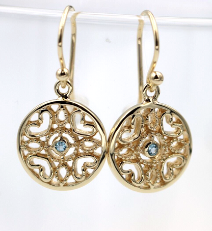 Genuine 9ct Yellow, Rose or White Gold Topaz Disc Heart Filigree Hook Earrings