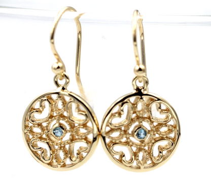 Genuine 9ct Yellow, Rose or White Gold Topaz Disc Heart Filigree Hook Earrings