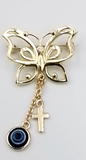 Genuine 9ct, 14ct or 18ct Yellow Gold Baby Child's Kids Butterfly Diamond Cross Brooch Evil Eye Mati