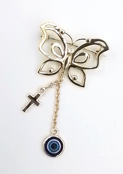 Genuine 9ct, 14ct or 18ct Yellow Gold Baby Child's Kids Butterfly Diamond Cross Brooch Evil Eye Mati