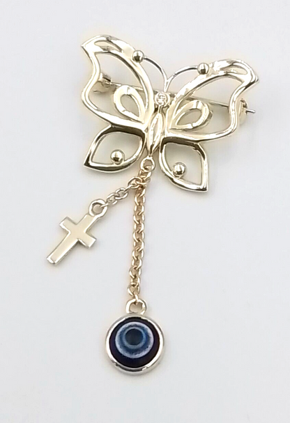 Genuine 9ct, 14ct or 18ct Yellow Gold Baby Child's Kids Butterfly Diamond Cross Brooch Evil Eye Mati