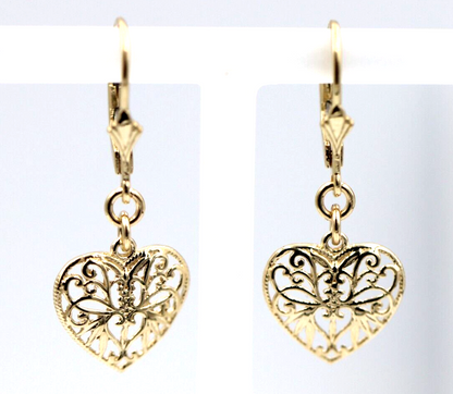 9ct Yellow, Rose or White Gold Filigree Heart Drop Filigree Continental Hook Earrings