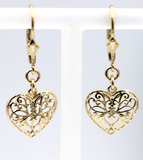 9ct Yellow, Rose or White Gold Filigree Heart Drop Filigree Continental Hook Earrings