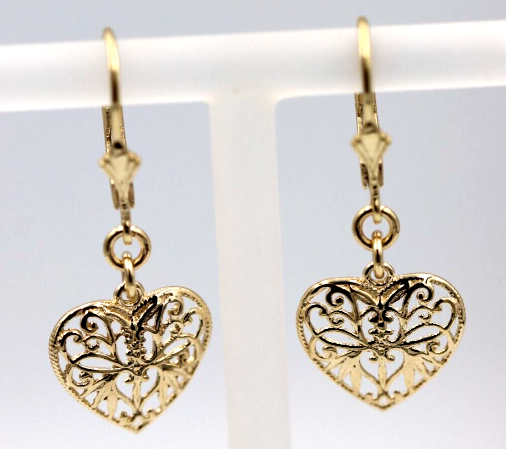 9ct Yellow, Rose or White Gold Filigree Heart Drop Filigree Continental Hook Earrings