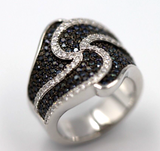 Size L Sterling Silver Swirl Black & Clear Cubic Zirconia Ring - Free post