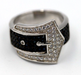 Size M.5 Sterling Silver Buckle Black+ Clear Cubic Zirconia Ring- Free post