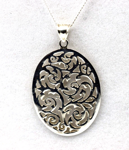 Sterling Silver Large Oval Filigree Pendant + 55cm Curb Necklace