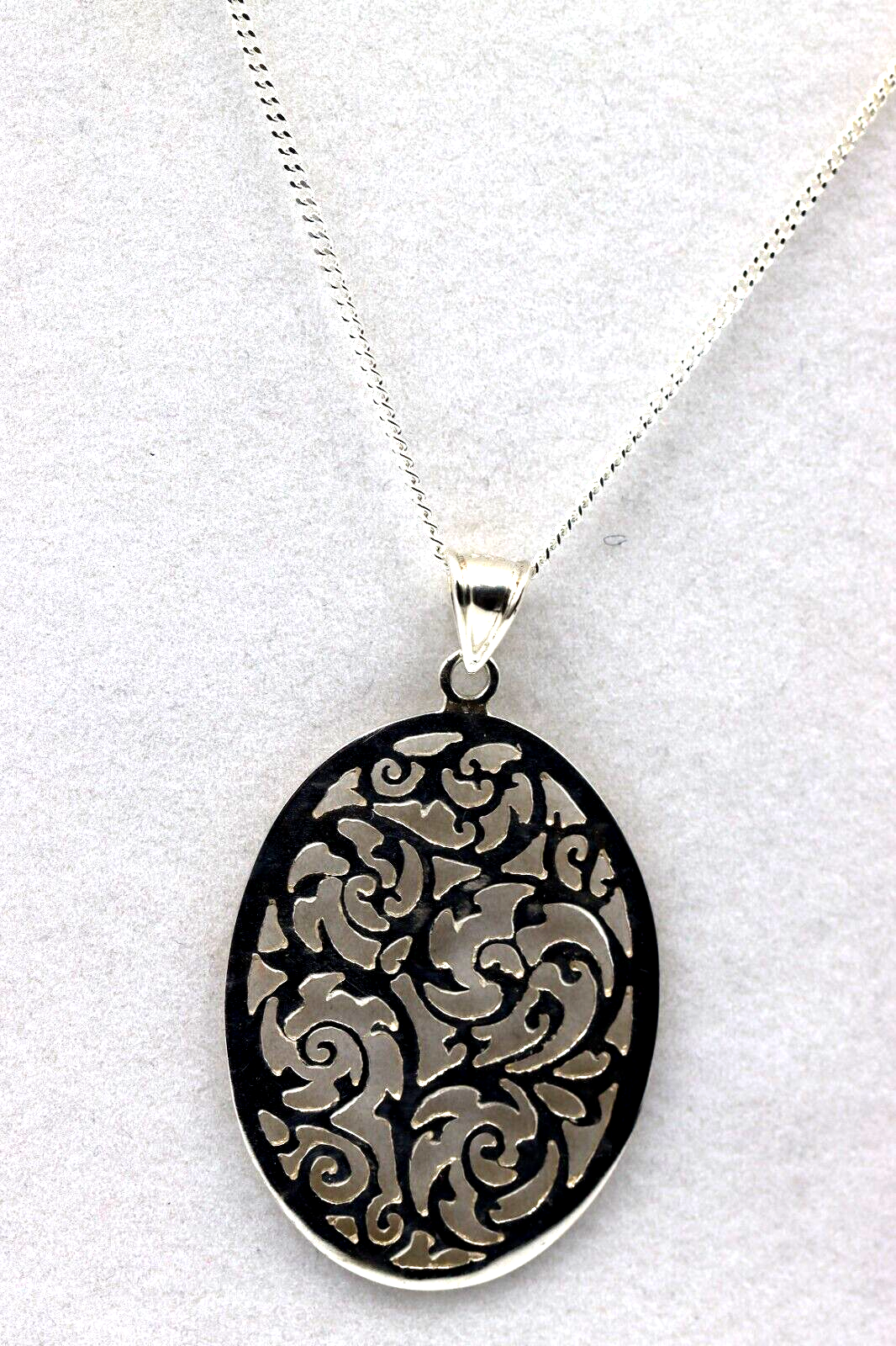 Sterling Silver Large Oval Filigree Pendant + 55cm Curb Necklace