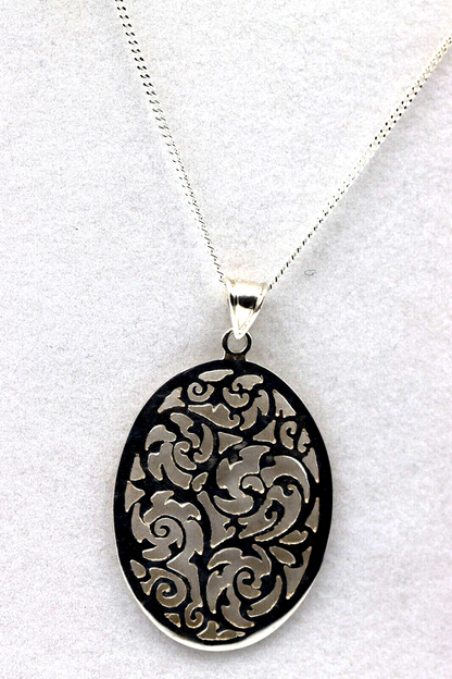 Sterling Silver Large Oval Filigree Pendant + 55cm Curb Necklace