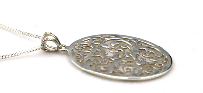 Sterling Silver Large Oval Filigree Pendant + 55cm Curb Necklace