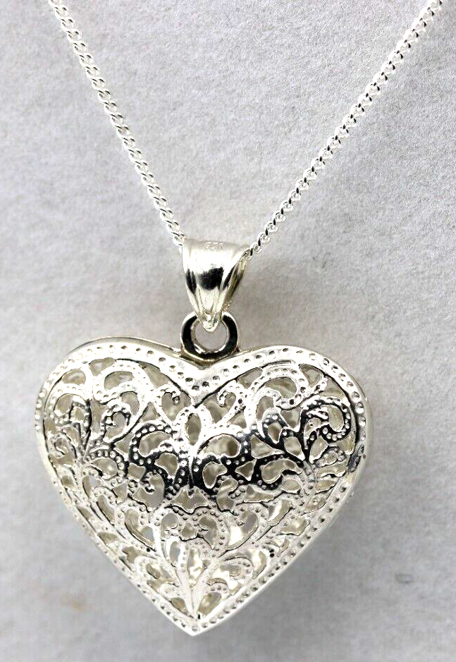 Sterling Silver Large Bubble Heart Filigree Pendant 55cm Curb Necklace