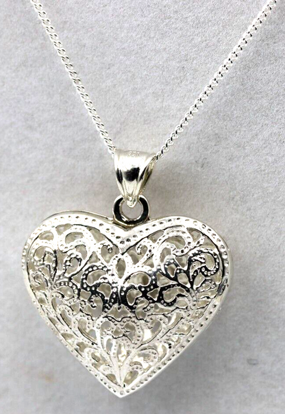 Sterling Silver Large Bubble Heart Filigree Pendant 55cm Curb Necklace