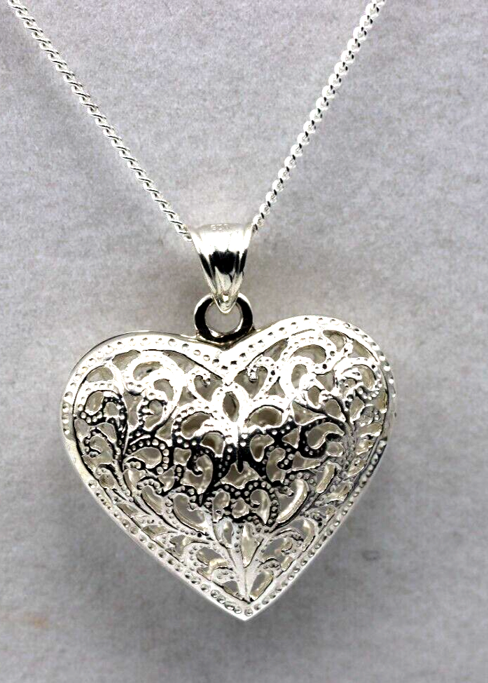 Sterling Silver Large Bubble Heart Filigree Pendant 55cm Curb Necklace