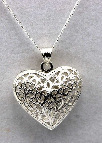 Sterling Silver Large Bubble Heart Filigree Pendant 55cm Curb Necklace