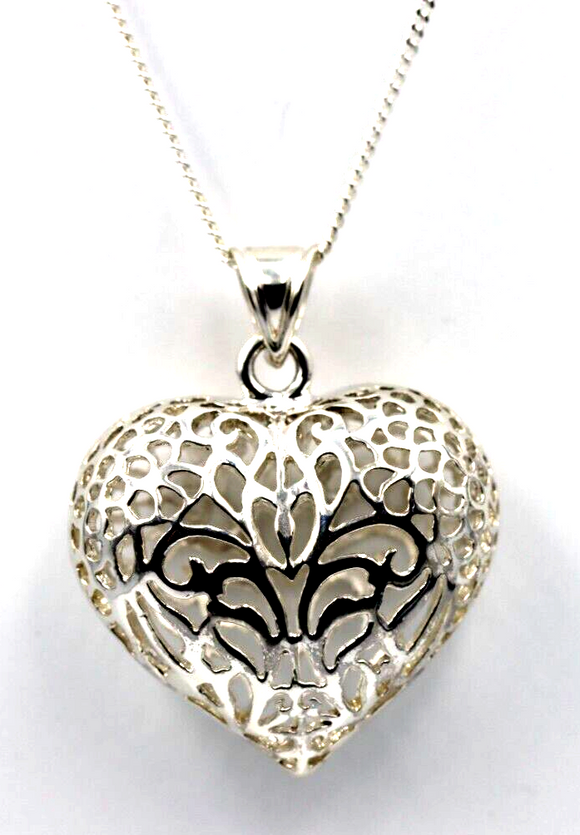 Sterling Silver Large Bubble Heart Filigree Pendant 55cm Curb Necklace-Free post