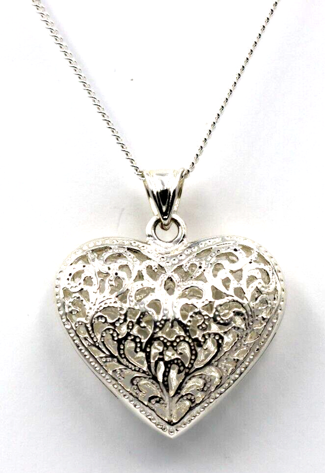 Sterling Silver Large Bubble Heart Filigree Pendant 55cm Curb Necklace