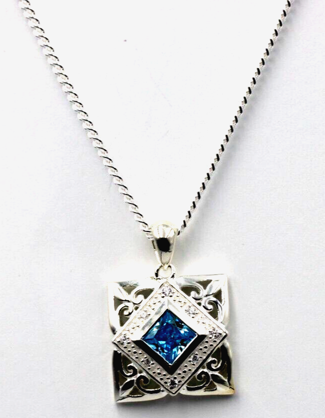 Sterling Silver Square CZ Blue Stone Swirl Pendant + Necklace