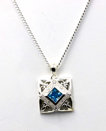 Sterling Silver Square CZ Blue Stone Swirl Pendant + Necklace