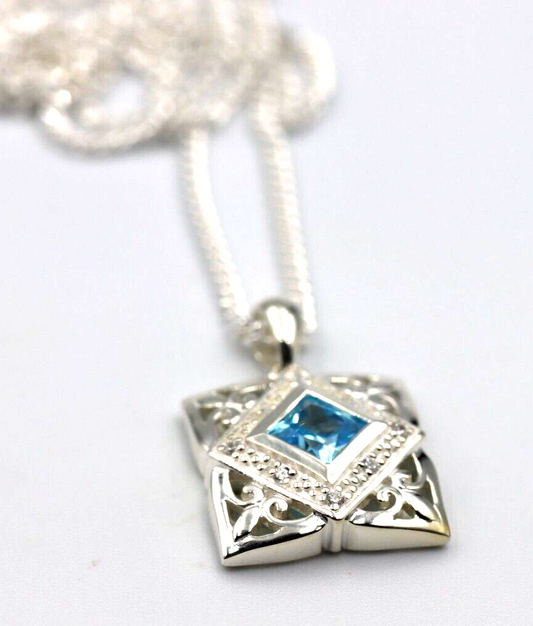 Sterling Silver Square CZ Blue Stone Swirl Pendant + Necklace