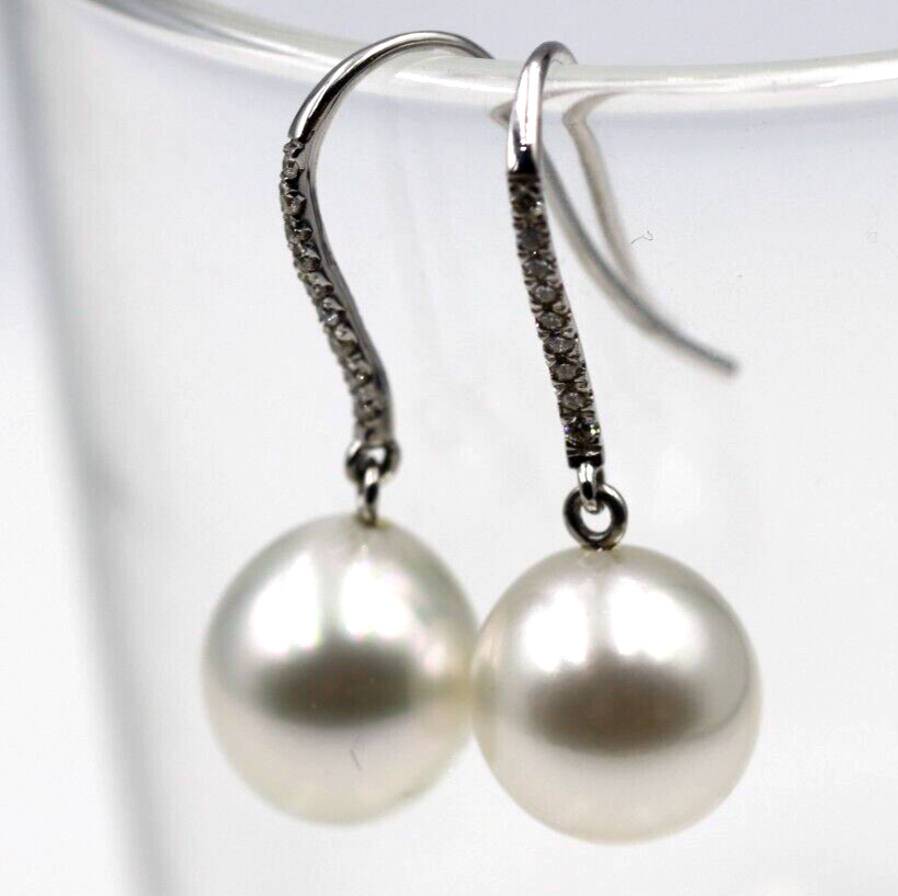 Genuine New 18ct White Gold 10mm South Sea Pearl Hook Diamond Earrings Free post