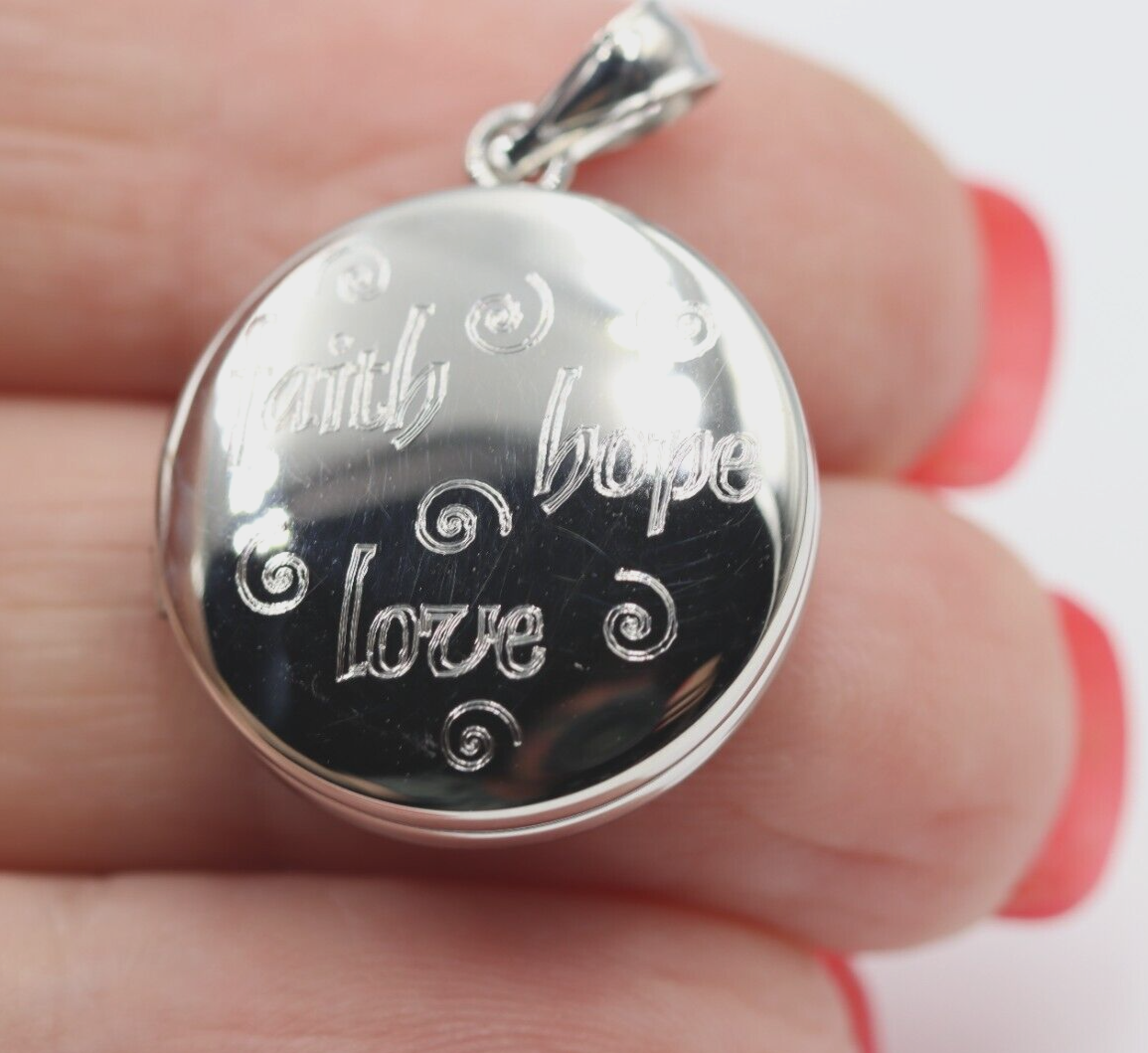 Sterling Silver Faith, Hope, Love Engraved Pendant Locket for 2 pics