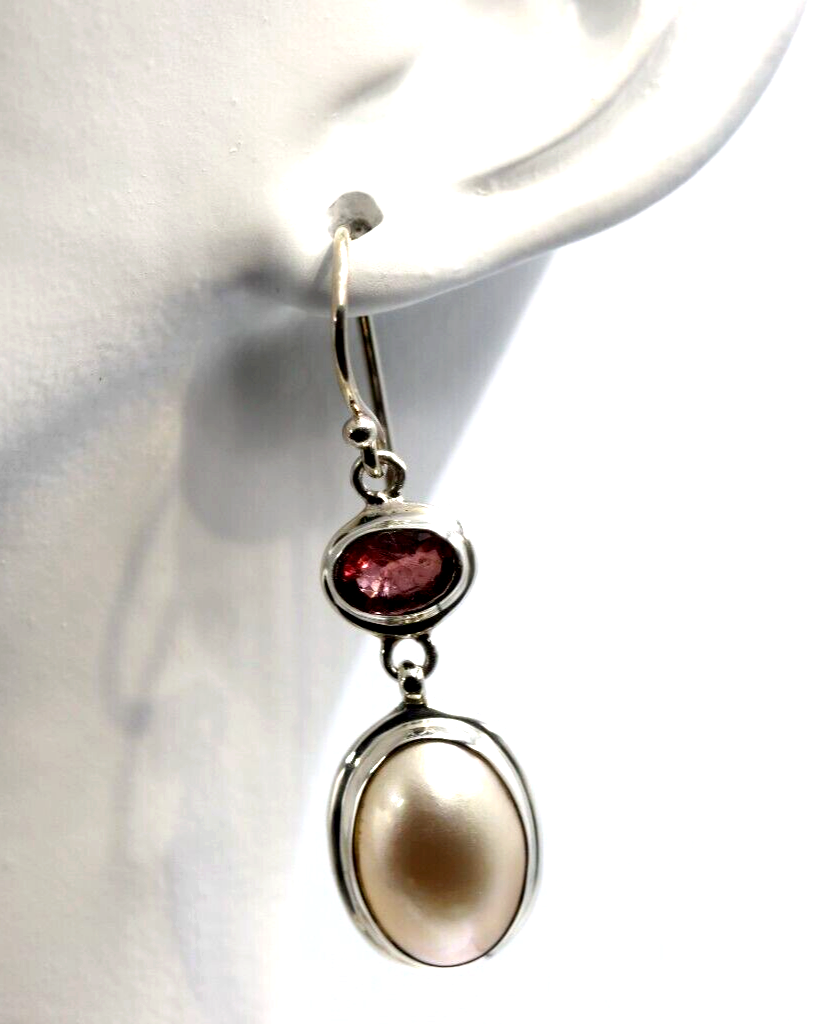 Genuine Sterling Silver Tourmaline & Mabe Pearl Earrings