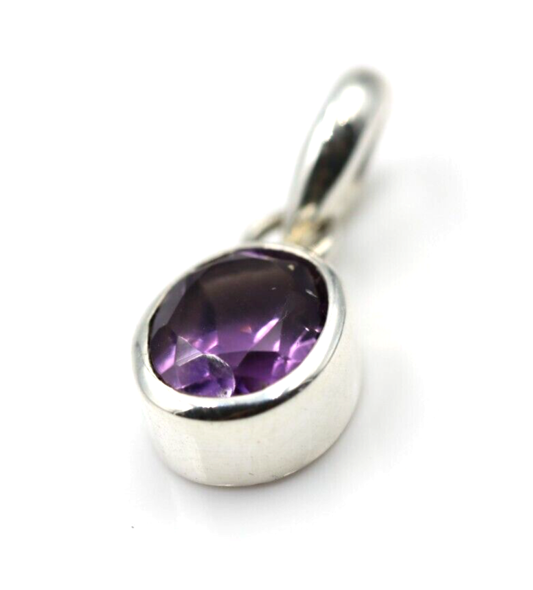 Sterling Silver Oval Bezel Set Natural Amethyst Pendant /Charm