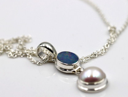 Genuine Sterling Silver Freshwater Pearl & Opal Pendant Belcher +  Chain