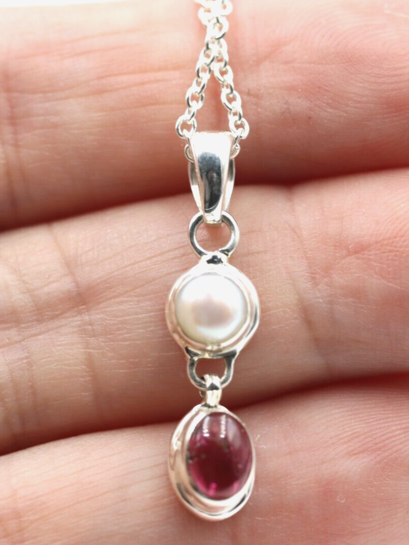 Sterling Silver Freshwater Pearl & Tourmaline Pendant Belcher Chain